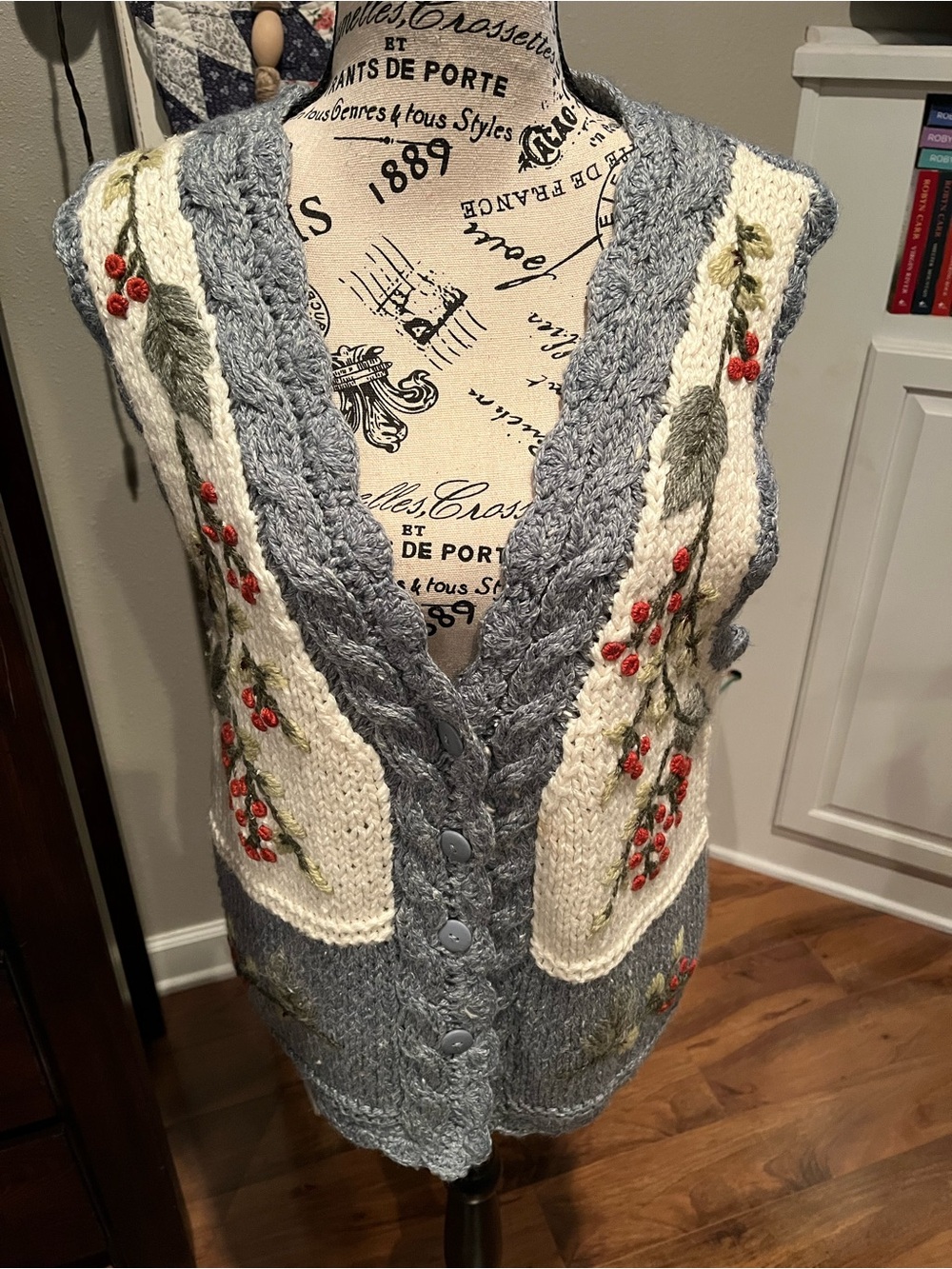 Carolyn Taylor Blue, Cream & Red Embroidered Grandmacore Cardigan Vest